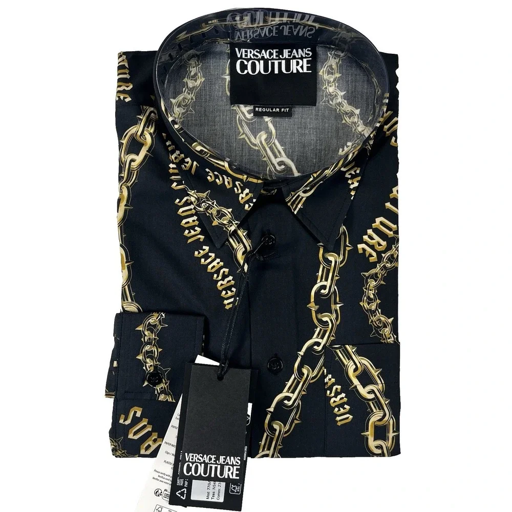 Versace Jeans Couture Long Sleeve Shirt‎ Mens XL 46US Chain Logo Black Gold NWT